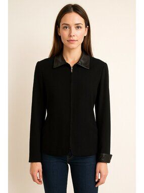 Womens Black Wool Blazer W/ Leather Collar & Cuffs Size M